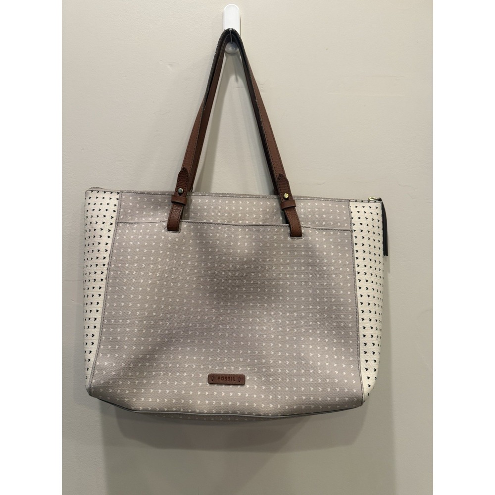 Fossil Emma Tote Ivory Cream Gray Tan Zip TopTote Bag